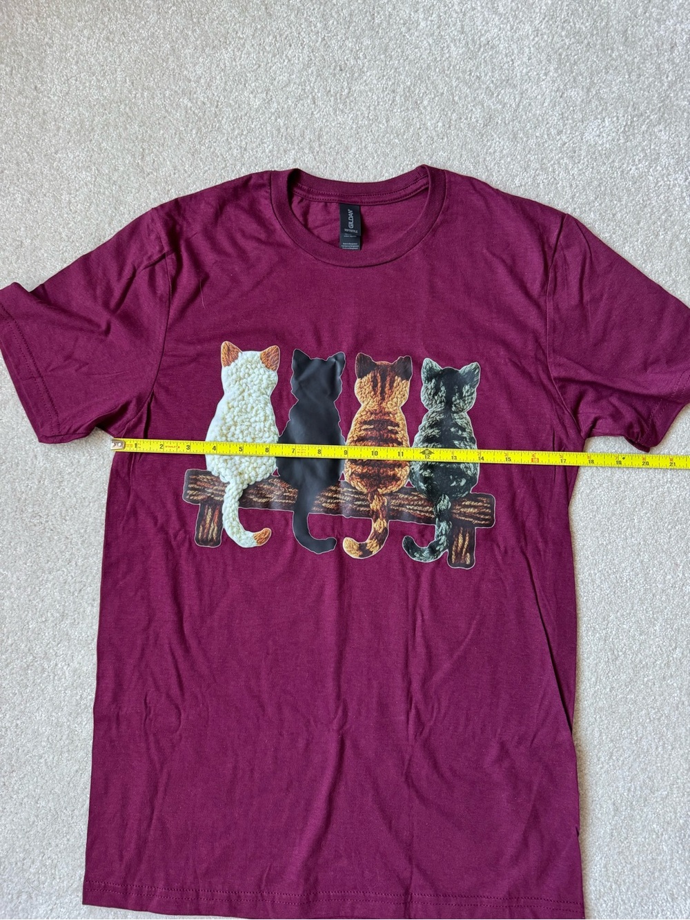 Gildan Burgundy Tee with Four Sitting Cats Graphic